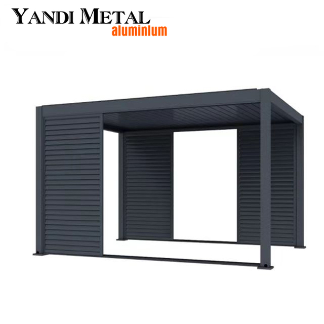 Outdoor restaurant automatically opens louvered roof bioclimatic pergola with illuminated aluminum pavilion