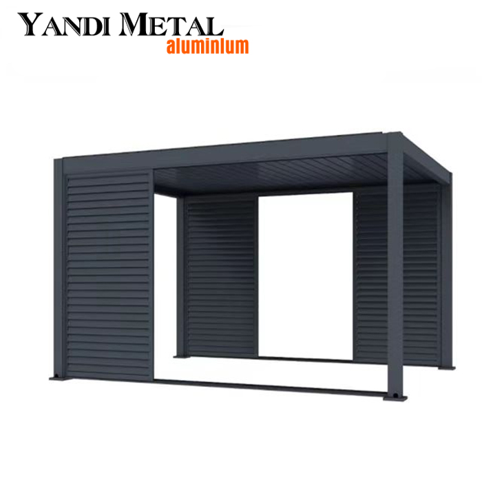 Outdoor restaurant automatically opens louvered roof bioclimatic pergola with illuminated aluminum pavilion